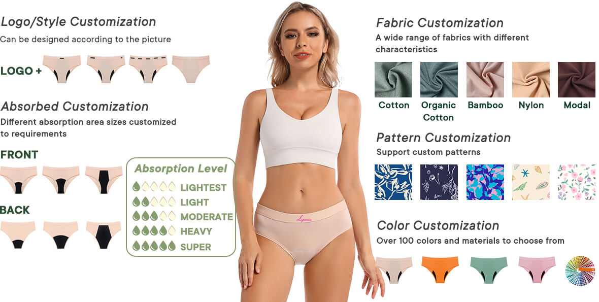 Period underwear customization services - logo style absorption fabric pattern color options