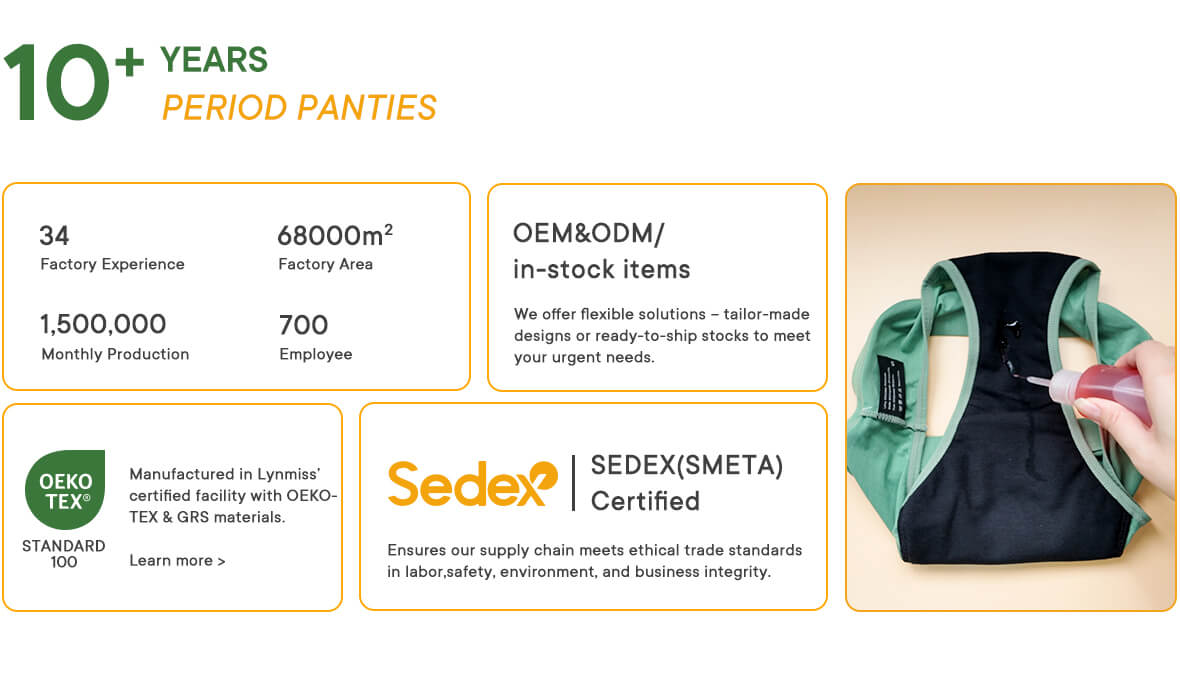 Period underwear manufacturer with 34 years factory experience OEM ODM Oeko-Tex Sedex certified