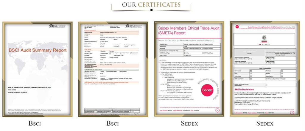 oeko-tex quality control and sedex compliance.