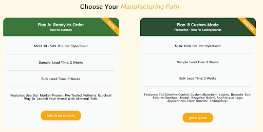 Lynmiss Factory manufacturing options featuring Plan A Ready-to-Order for flexible low MOQs and Plan B Custom-Made for scaling brands with bespoke eco-fabrics