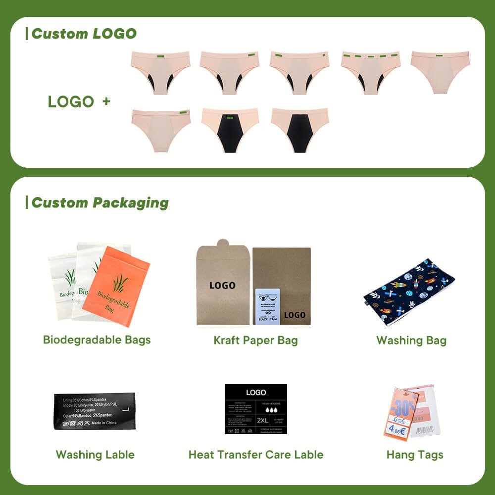 Custom sustainable packaging options for private label period underwear by Lynmiss Factory
