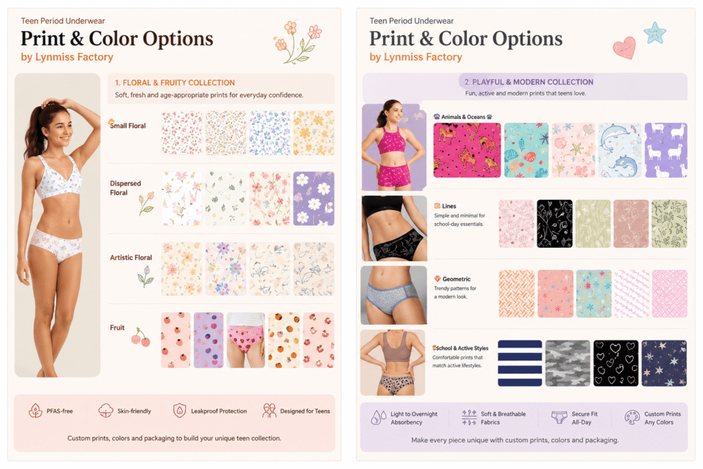 Teen period underwear print trends and custom color options by Lynmiss Factory