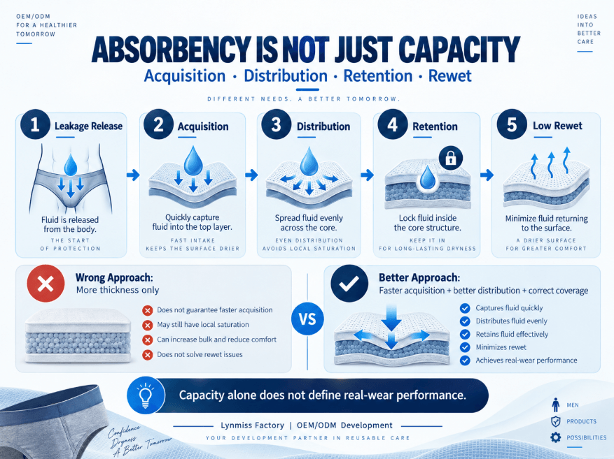 Incontinence underwear absorbency process showing acquisition, distribution, retention and low rewet performance