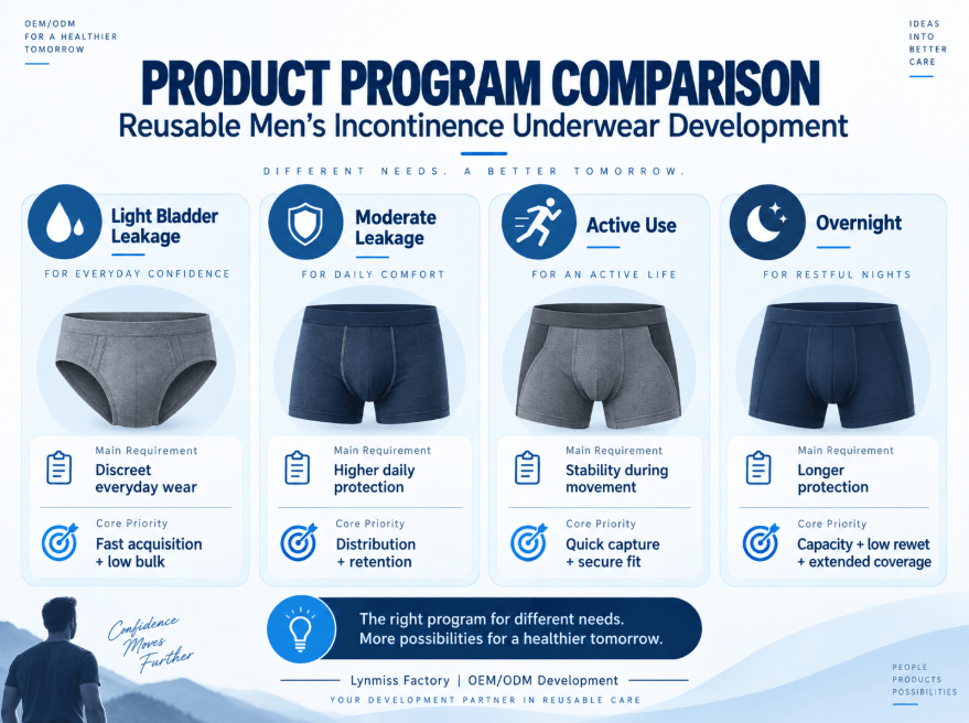Comparison of reusable men’s incontinence underwear programs for light leakage, moderate leakage, active use and overnight protection