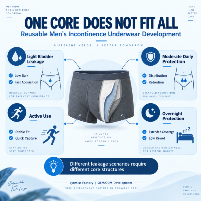 Reusable men’s incontinence underwear development for light bladder leakage, moderate protection, active use and overnight protection